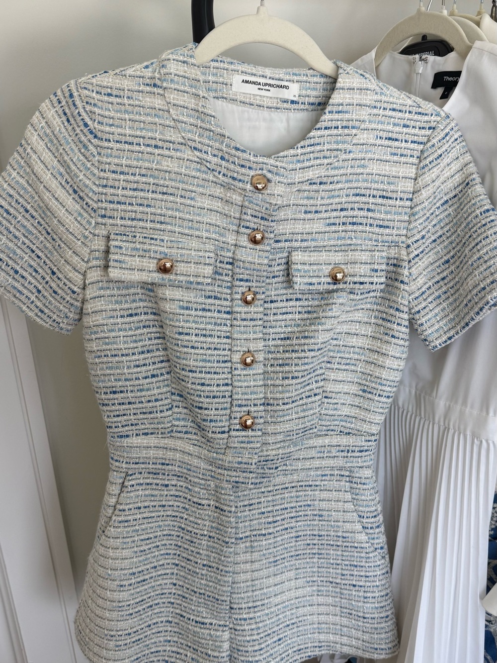 Amanda Uprichard Blue & White Tweed Short Sleeve Romper